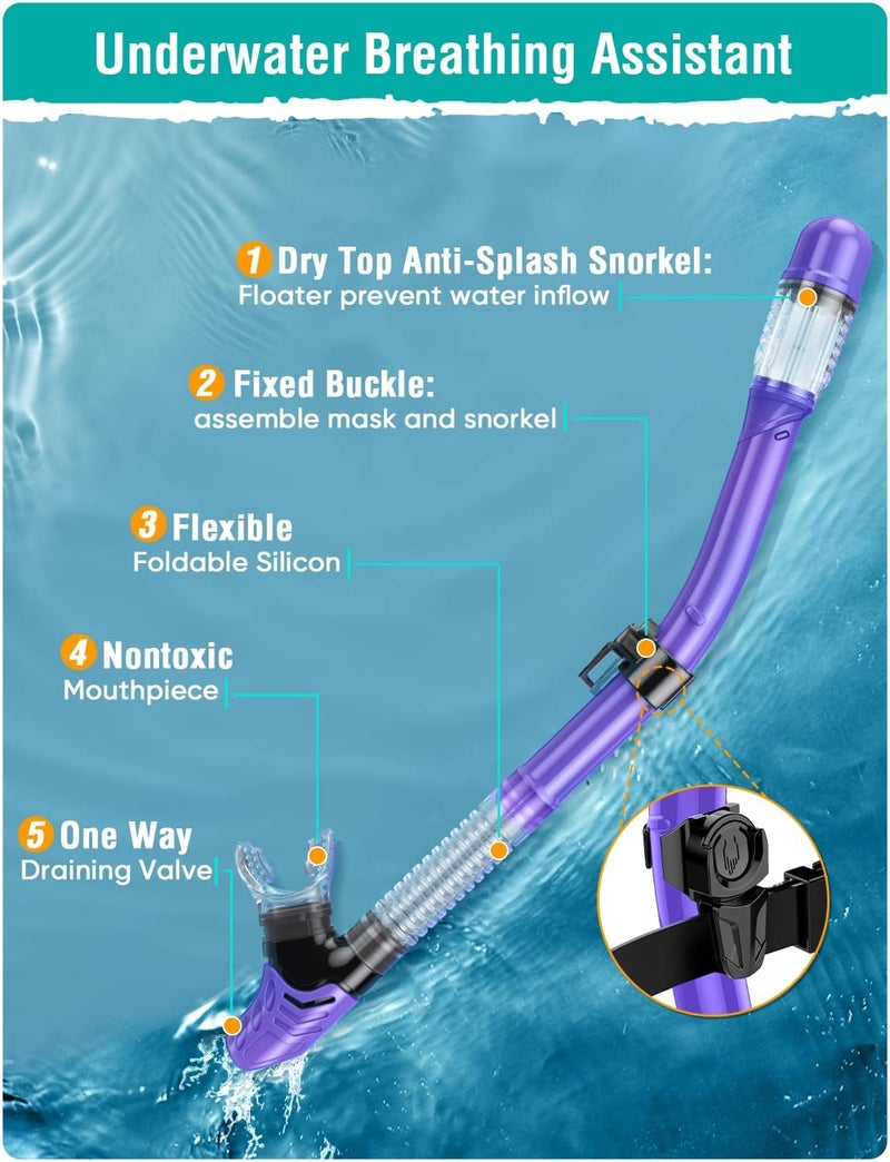 Seovediary Snorkel Set Adults Snorkeling Gear Anti-Fog Panoramic View Swim Mask Dry Top Snorkel Kit with Carry Bag for Snorkeling Scuba Diving Swimming Travel - Image 4